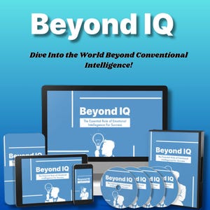 Può includere: Un pacchetto di prodotti digitali blu e bianco con il titolo "Beyond IQ: The Essential Role of Emotional Intelligence for Success". Il pacchetto include uno schermo del computer, un tablet, un telefono e CD.