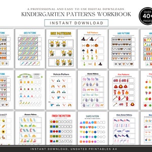 Può includere: Un quaderno di lavoro stampabile con oltre 40 pagine di schemi per l'asilo. Le pagine presentano vari temi, tra cui animali, veicoli, forme e colori. Ogni pagina ha uno schema da completare, con esempi forniti.