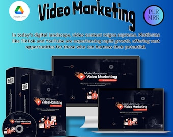 May include: A blue and white computer screen with the text "Make Money With Video Marketing" on it. The screen is surrounded by a blue background with the text "PLR MRR" in a white circle. There are also several other images of the same product, including a CD, a laptop, and a box.