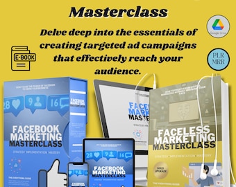 May include: A digital marketing masterclass with a yellow background and a blue and white e-book icon. The text "Facebook Marketing Masterclass" is in a large, bold font. The text "Delve deep into the essentials of creating targeted ad campaigns that effectively reach your audience." is below the title. There are four images of e-books with the text "Facebook Marketing Masterclass" on them. The text "Strategy, Implementation, Mastery" is below the title on each e-book. The text "The Everything Guide" is at the bottom of each e-book. There are also two icons for Google Drive and PLR MRR.