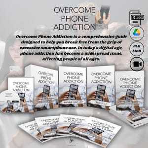 Puede incluir: Un paquete de productos digitales titulado "Overcome Phone Addiction" con un fondo blanco. El paquete incluye un libro electrónico, una lista de verificación, una hoja de trucos de recursos, un video y un conjunto de hojas de trabajo imprimibles. El producto está diseñado para ayudar a las personas a liberarse del control del uso excesivo de teléfonos inteligentes.