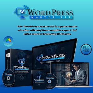 Può includere: Il WordPress Master Kit, un prodotto digitale, è presentato su uno sfondo sfumato blu. L'immagine include un laptop, un monitor desktop, una scatola e due CD. Il testo recita "WordPress Master Kit" e "Il WordPress Master Kit è una fonte di valore, che offre quattro corsi video completi guidati da esperti con 19 lezioni."