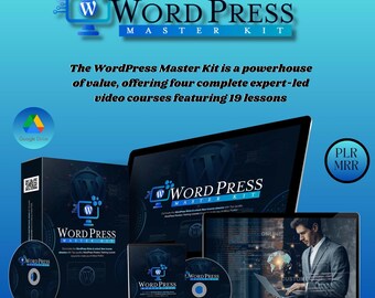 May include: The WordPress Master Kit, a digital product, is displayed on a blue gradient background. The image includes a laptop, a desktop monitor, a box, and two CDs. The text reads "WordPress Master Kit" and "The WordPress Master Kit is a powerhouse of value, offering four complete expert-led video courses featuring 19 lessons."