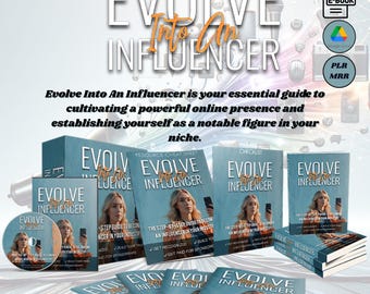 May include: A blue and white book cover with the title "Evolve Into An Influencer" and the text "The Step-by-Step Guide to Becoming An Influencer in Your Industry". The book cover is surrounded by other books with the same title and design.