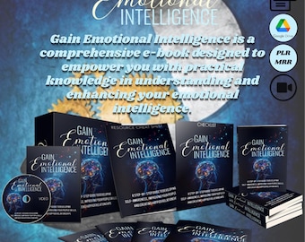 May include: An image promoting an e-book called "Gain Emotional Intelligence." The image shows a collection of materials: a box set, books, a CD, and digital icons. The cover art features a brain graphic. The text highlights self-awareness and improving relationships.