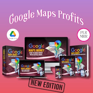 Può includere: Una copertina di prodotto digitale con il titolo "Google Maps Money: How to Make Money with Google Maps" in uno schema di colori rosso, bianco e blu. La copertina presenta un robot che tiene una mappa con un pin rosso e un'icona di negozio. Il testo "Nuova edizione" è in un riquadro rosso nella parte inferiore dell'immagine.