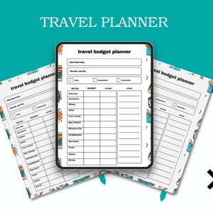 Può includere: Tre pagine di un planner di budget di viaggio con un design colorato che presenta soli e montagne. Le pagine sono etichettate "planner di budget di viaggio" e hanno sezioni per la destinazione, le date di viaggio, i dettagli, il budget, il reale e le note.