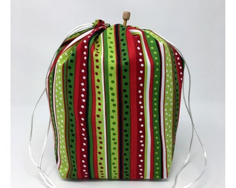 MOVING SALE - Holiday Christmas Red Green Stripes Dots Knitting Crochet Drawstring Project Bag