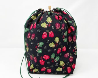 MOVING SALE - Holiday Christmas Winter Mittens Knitting Crochet Drawstring Project Bag