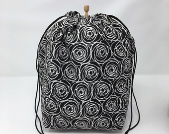 MOVING SALE - Black and White Flowers Knitting Crochet Drawstring Project Bag
