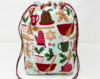 MOVING SALE - Holiday Christmas Winter Cutout Sugar Cookie Knitting Crochet Drawstring Project Bag