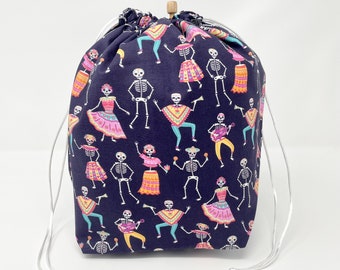 SALE - Halloween Day of the Dead Skeletons Drawstring Crochet Knitting Project Bag