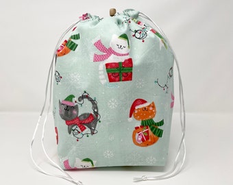MOVING SALE - Holiday Christmas Winter Cat Kitten Kitty Knitting Drawstring Project Bag