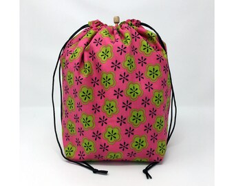 MOVING SALE - Pink Green Flowers Drawstring Knitting Project Bag