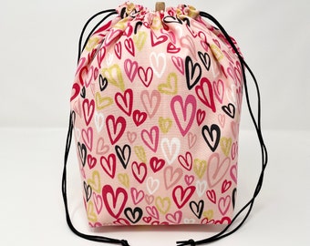 MOVING SALE - Red Pink Gold Hearts Drawstring Crochet Knitting Project Bag