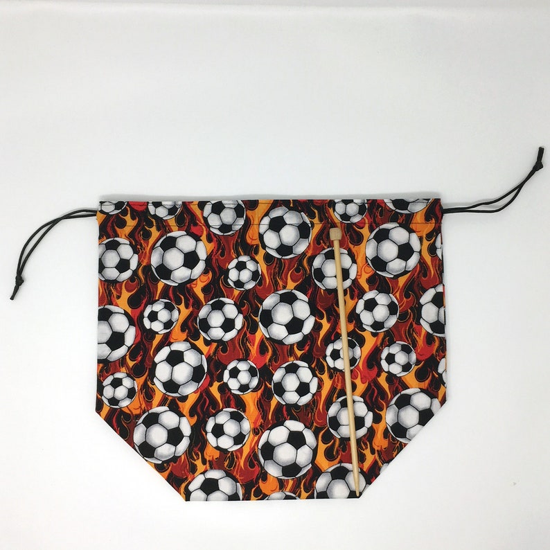 HOLIDAY SALE Flaming Soccer Balls Drawstring Knitting Crochet Project Bag