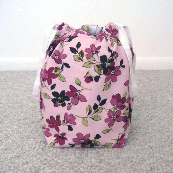 SALE - Pink Flowers Drawstring Knitting Project Bag