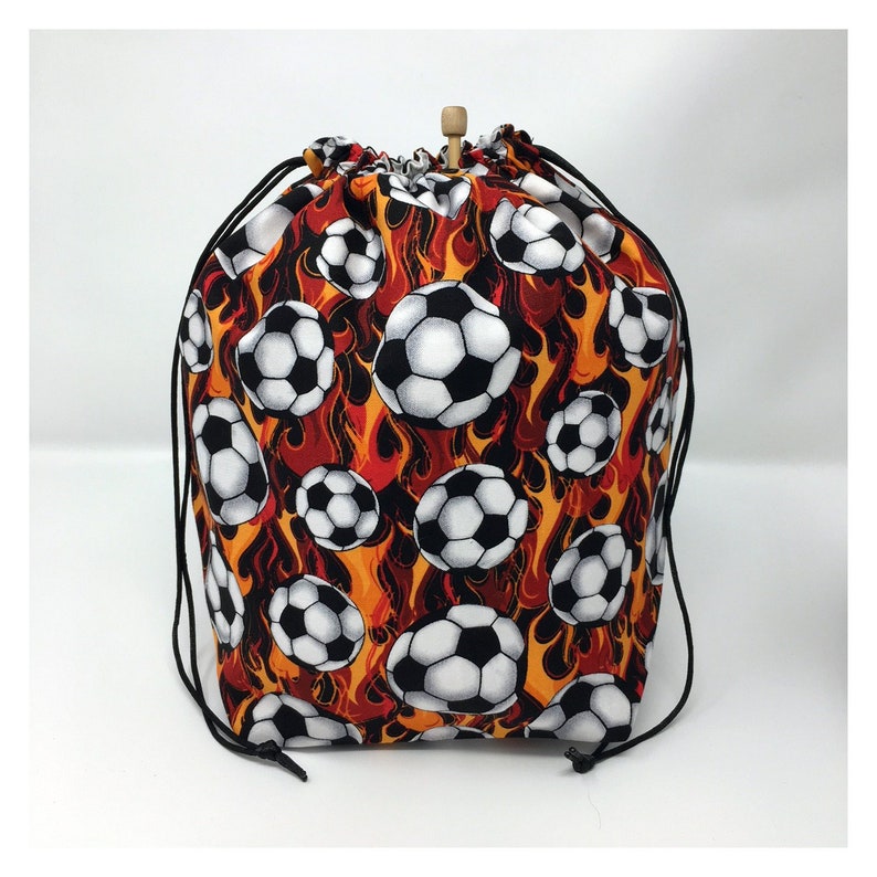 HOLIDAY SALE Flaming Soccer Balls Drawstring Knitting Crochet Project Bag
