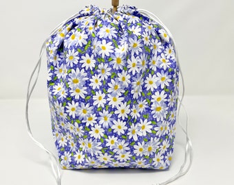 MOVING SALE - Purple White Daisy Flowers Drawstring Crochet Knitting Project Bag