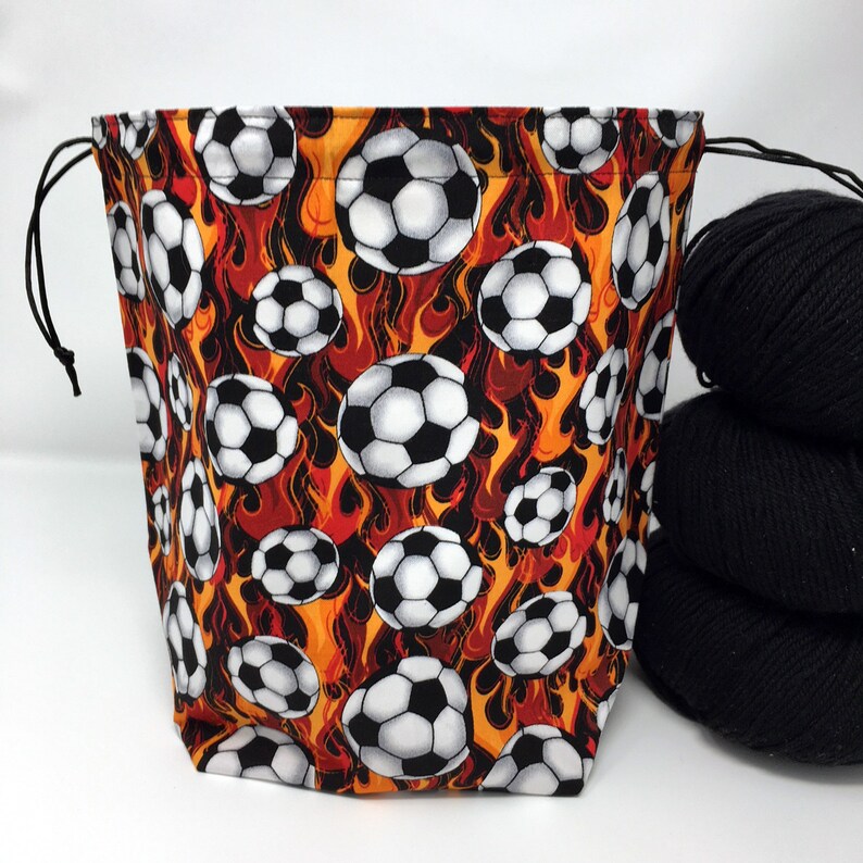 HOLIDAY SALE Flaming Soccer Balls Drawstring Knitting Crochet Project Bag