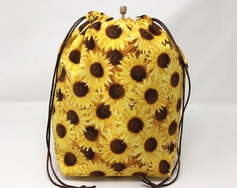MOVING SALE - LAST 1 - Golden Yellow Sunflower Black Eyed Susan Flower Knitting Crochet Drawstring Project Bag
