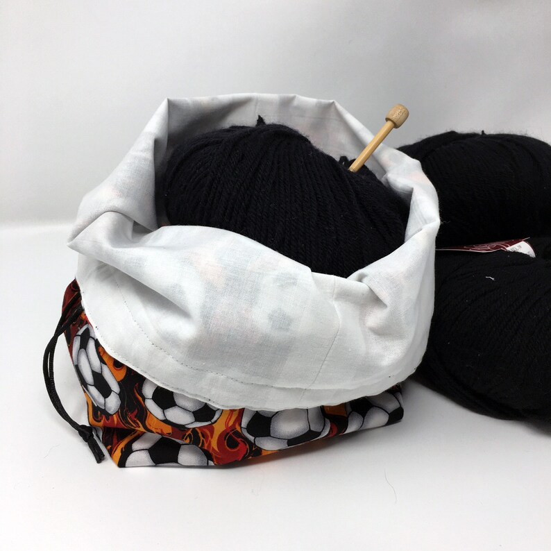 HOLIDAY SALE Flaming Soccer Balls Drawstring Knitting Crochet Project Bag