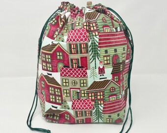 MOVING SALE - Holiday Winter Christmas Village Houses Santa Crochet Knitting Drawstring Project Bag