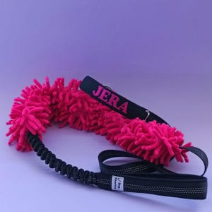 Può includere: Guinzaglio per cani rosa e nero con un cordino retrattile e un'impugnatura rosa soffice. Il guinzaglio è personalizzato con il nome "JERA" in lettere rosa.