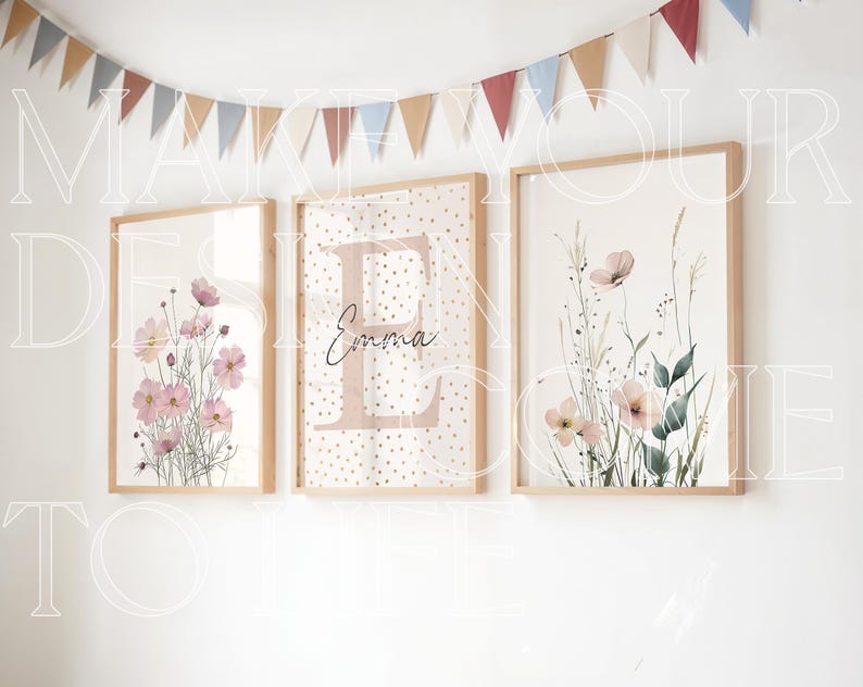 Set of 3 Mockup Wall Art Nursery Natural Light Child Bedroom Three Wood Frame Mock up Minimal Blank Portrait PSD Flag Bunting Neutral Light