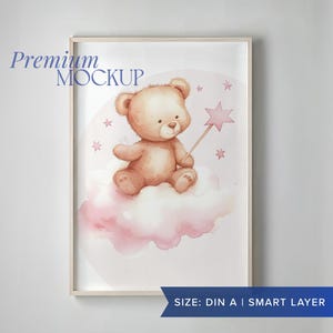May include: A watercolor illustration of a brown teddy bear sitting on a pink cloud holding a pink star wand. The background is white with pink stars.