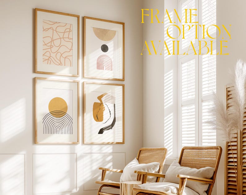 Inviting Living Room Mockup 4 Set, Warm Interior Wall Art Mock-up, Sunlit Oak Border Frame Gallery Mockups A Size Vertical PSD Portrait