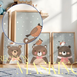 May include: Three framed prints with a winter theme. Each print features a brown bear wearing a scarf and a small bird. The background is a light blue with snowflakes.