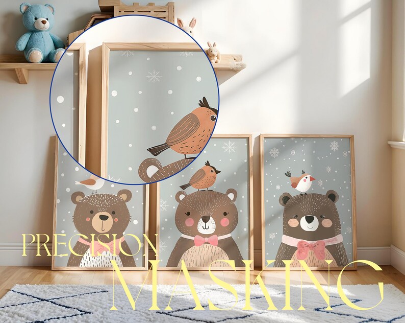 May include: Three framed prints with a winter theme. Each print features a brown bear wearing a scarf and a small bird. The background is a light blue with snowflakes.