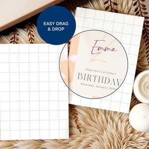 May include: A white card with a grid pattern and the text "Emma's Birthday" in a pink circle with a peach background. The text "Please join us at Emma's Birthday Saturday January 20th" is below the circle.