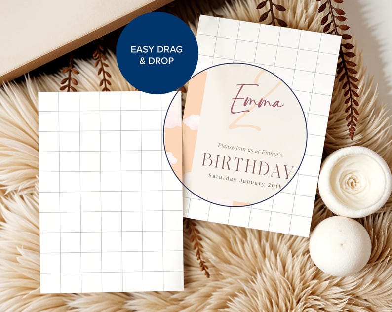 May include: A white card with a grid pattern and the text "Emma's Birthday" in a pink circle with a peach background. The text "Please join us at Emma's Birthday Saturday January 20th" is below the circle.