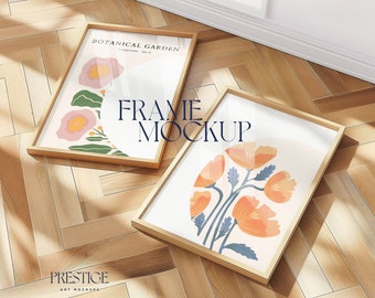 2 Close Up Mockup Frames Minimal Flat Lay Mockups Wood frame Smart Layer PSD Floating Mock-up DIN A4 7x5 Vertical Ratio Picture Warm Light