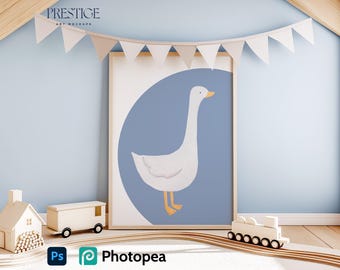 Nursery Brown Wooden Frame Mockup Minimal Scandinavian Kids Boys Room Interior Mock up Modern Playroom Blue Wall Child Space Pastel Tones A2