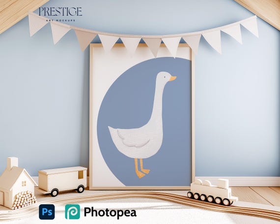 Nursery Brown Wooden Frame Mockup Minimal Scandinavian Kids Boys Room Interior Mock up Modern Playroom Blue Wall Child Space Pastel Tones A2