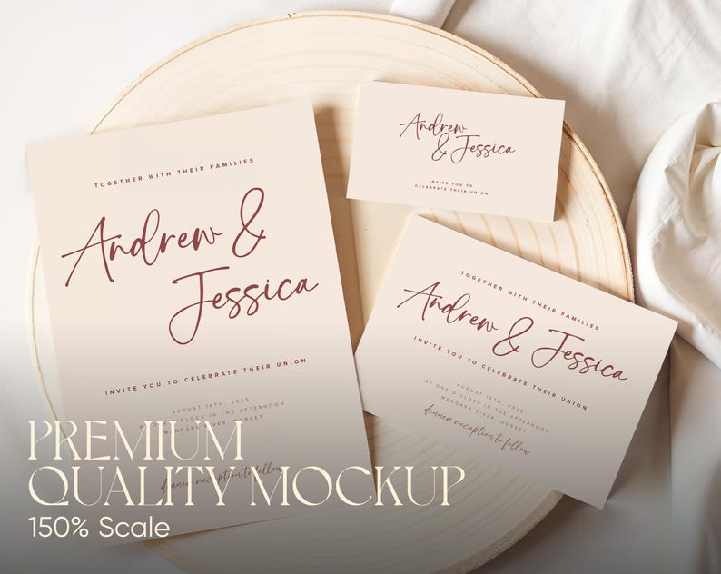 Boho Wedding Suite Mockup Baby Shower 5x7 Invitation RSVP 5x3.5 Diaper Raffle Card 3.5x2 Mockup Stationary Set of 3 Thank You Card PSD Canva