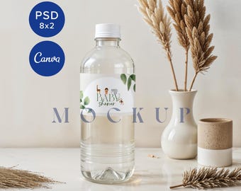 Water Bottle Mockup 8x2 Baby Shower Boho Beige Clear Bottle Bridal Shower Party Decor Minimal PSD Event Blank Label Canva Mockup Stationary
