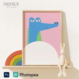 May include: A framed print of a blue and green crocodile with a pink background. The print is on a wooden shelf with a rainbow-colored wooden arch and a white stuffed bunny rabbit.
