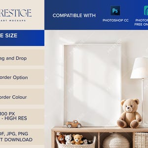May include: A white picture frame mockup with a white lamp and a teddy bear on a wooden shelf. The frame is 4100 x 3100 pixels and 300 DPI. The text "PRESTIGE ART MOCKUPS" is at the top of the image. The text "FRAME SIZE DIN A" is below the text "PRESTIGE ART MOCKUPS". The text "COMPATIBLE WITH PHOTOSHOP CC PHOTOPEA.COM FREE ONLINE APP" is at the top right of the image.