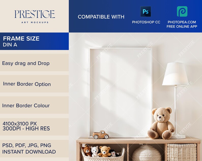 May include: A white picture frame mockup with a white lamp and a teddy bear on a wooden shelf. The frame is 4100 x 3100 pixels and 300 DPI. The text "PRESTIGE ART MOCKUPS" is at the top of the image. The text "FRAME SIZE DIN A" is below the text "PRESTIGE ART MOCKUPS". The text "COMPATIBLE WITH PHOTOSHOP CC PHOTOPEA.COM FREE ONLINE APP" is at the top right of the image.
