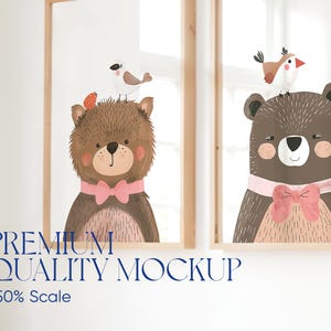 May include: Two brown bears with pink bows are depicted in a window frame. A small white bird sits on top of each bear's head.