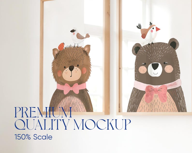 May include: Two brown bears with pink bows are depicted in a window frame. A small white bird sits on top of each bear's head.