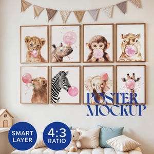 Maqueta de 8 marcos para póster de arte interior de guardería, relación de aspecto 4:3, lienzo en blanco, maqueta de varios marcos, galería de pared para niños, A4, espacio infantil, vertical, PSD inteligente