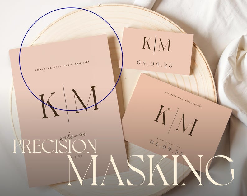Pode incluir: Um convite de casamento cor de p&ecirc;ssego com as iniciais "K/M" e a data "04.09.25". O convite est&aacute; sobre uma superf&iacute;cie de madeira com um pano branco no fundo.