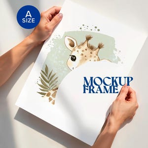 Maqueta de póster de guardería con persona desenrollada en papel blanco A3 en blanco, primer plano de manos sin marco, plantilla de objeto inteligente A4 A3, PSD plano realista