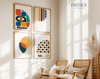 Maqueta de sala de estar acogedora, juego de 4, maqueta de arte de pared interior cálido, maqueta de galería con marco de borde de roble iluminado por el sol, tamaño A, maqueta vertical PSD