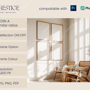 May include: A mockup of a set of three rectangular frames with a wooden frame, hanging on a white wall in a room with a large window. The room is decorated with a light brown rug, two wicker chairs, and a small wooden table. The frames are empty and ready for your artwork.